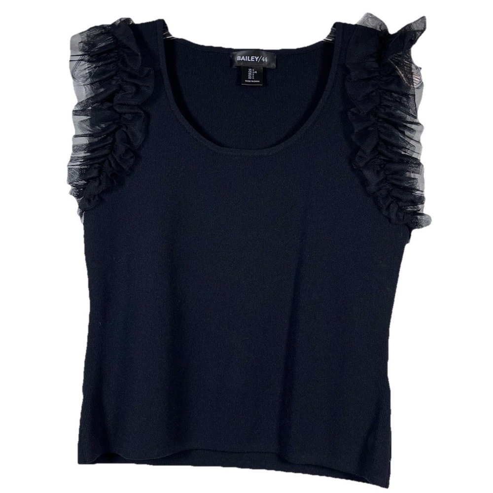 BAILEY 44 Sz L Top Tank Black Tulle Sleeves Minimalist Classic Ribbed Seamless